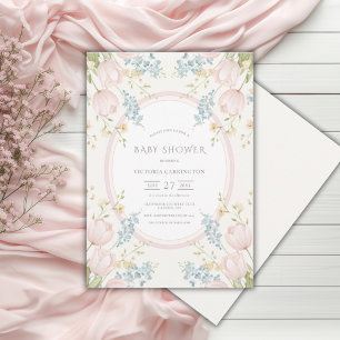 Invitation Fête de bébé vintage aux tulipes roses florales