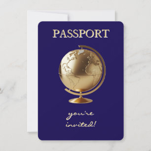Invitation Fête de bébé voyage Passeport Globe Doré