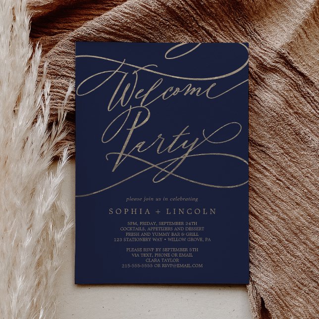 Invitation Fête de bienvenue de la Marine romantique et du Ma (Romantic Navy and Gold Wedding Welcome Party Invitation)