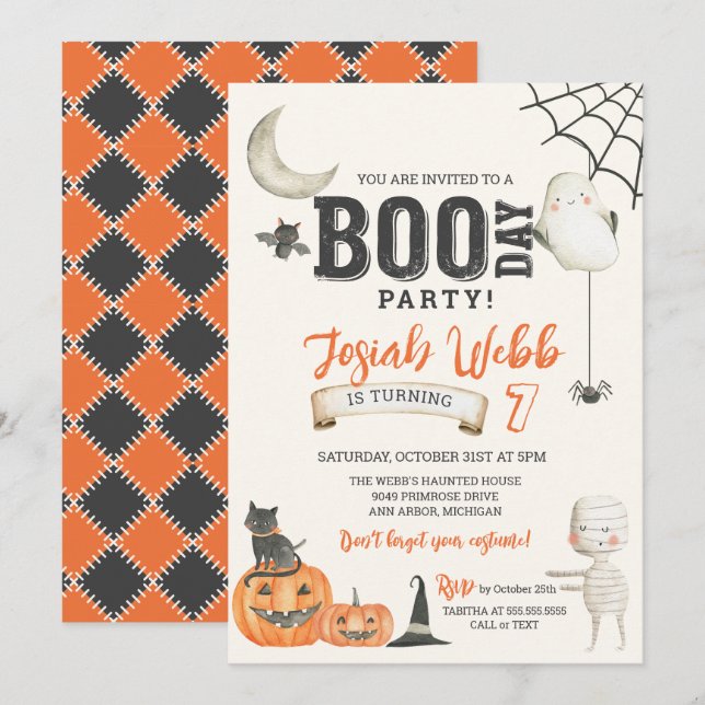 Invitation Fête de BOO DAY Enfants Éffrayants Halloween Anniv (Devant / Derrière)