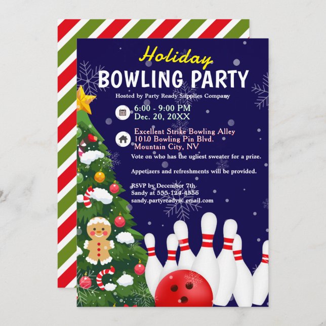 Invitation Fête de bowling de Noël Arbre Arrière - plan bleu (Devant / Derrière)