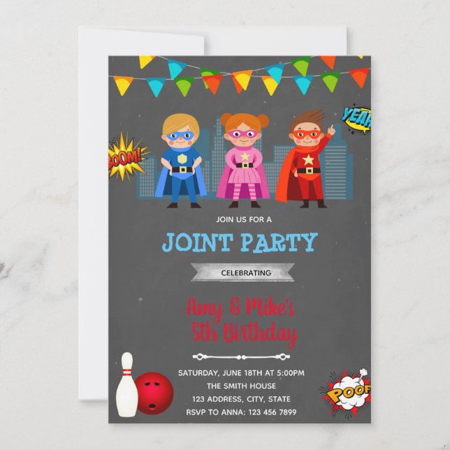 Invitation Fête de bowling de super-héros (Devant)