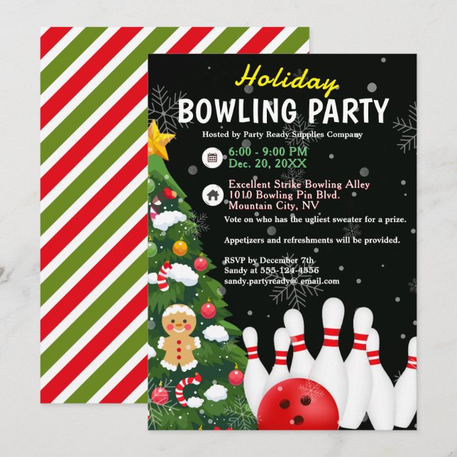 Invitation Fête de Bowling Xmas Tree Arrière - plan noir (Devant / Derrière)