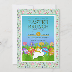Invitation Fête de brunch de Pâques – Lapin et œufs colorés