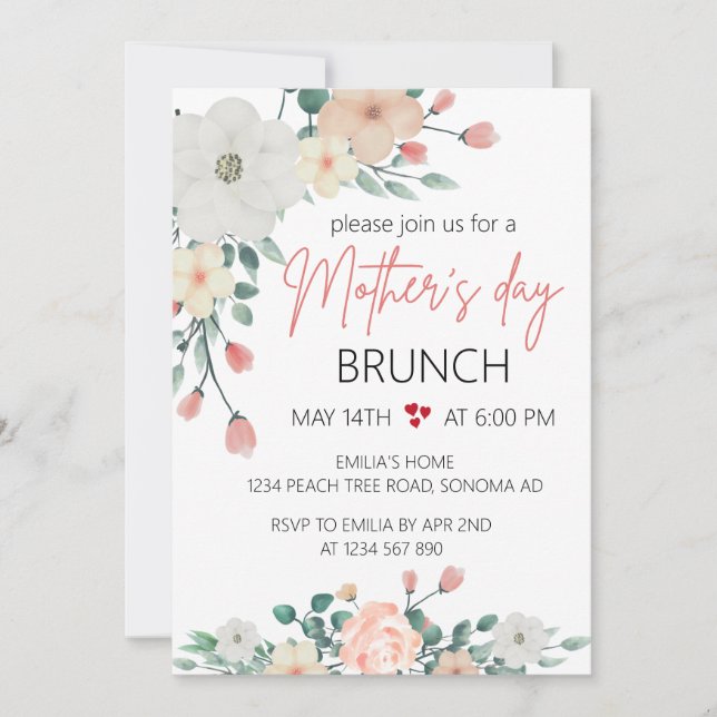 Invitation Fête de Brunch Fête des mères florales (Devant)