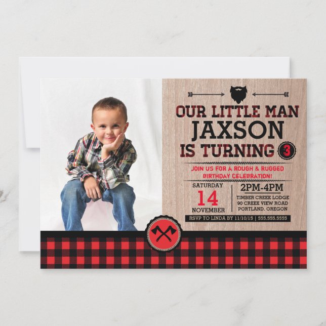 Invitation Fête de bûcheron avec photo, enfant rustique plaid (Devant)