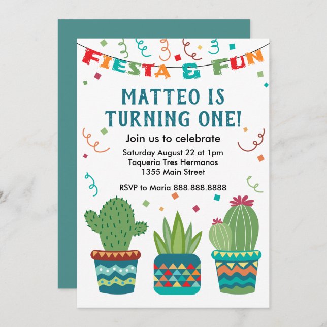 Invitation Fête de Cactus Anniversaire Première année Un an (Devant / Derrière)