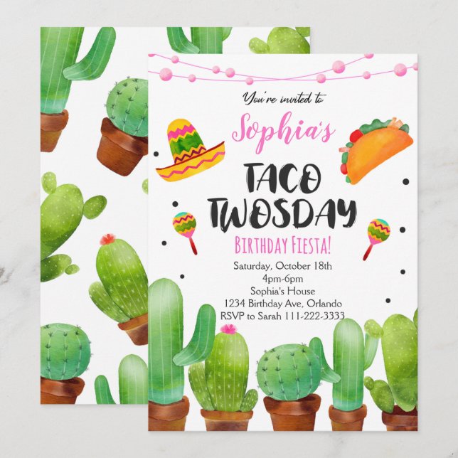 Invitation Fête de Cactus Aquarelle Mardi Taco Fie (Devant / Derrière)