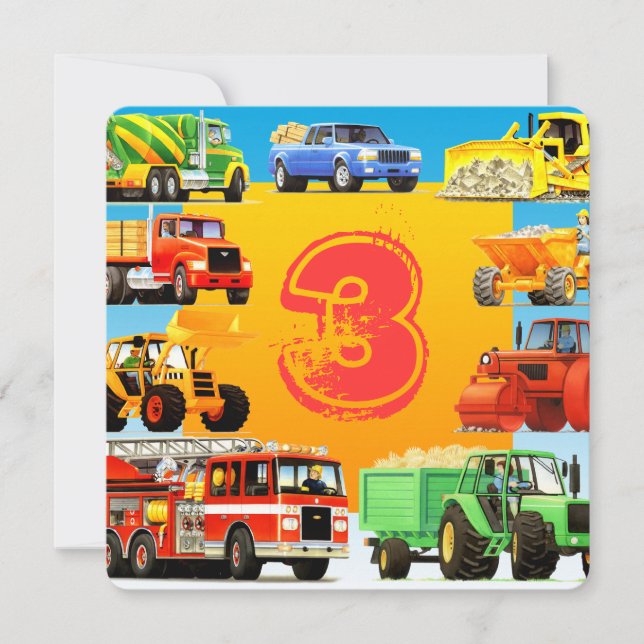 Invitation Fête de camionnette de construction pour le 3e ann (Devant)
