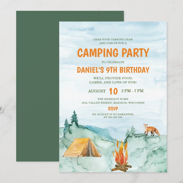 Invitation Fête de camping Bois Aquarelle Tente Anniversaire (Devant / Derrière)