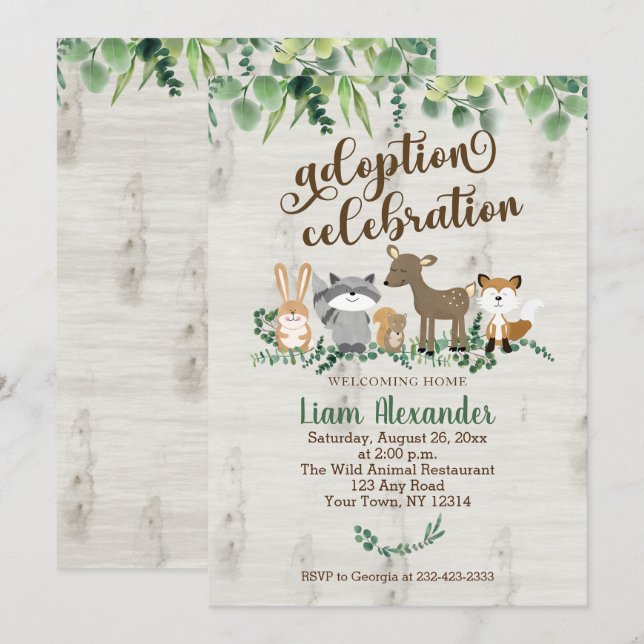 Invitation Fête de célébration d'adoption Animaux de la forêt (Devant / Derrière)