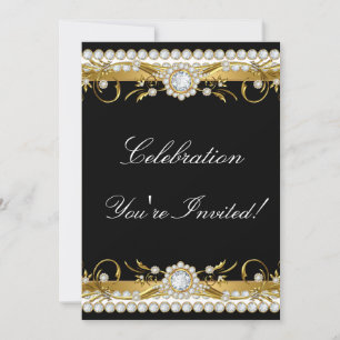Invitation Fête de célébration florale blanche noire or diama