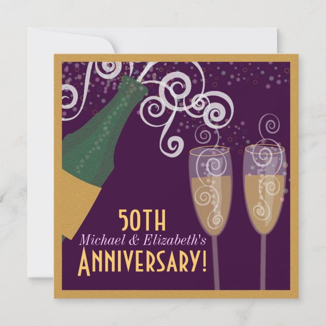 Invitation Fête de champagne pétillant doré pour le 50e anniv (Devant)