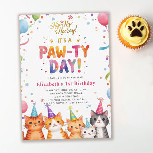 Invitation Fête de chat Chatons Ballons Colorés 1er Anniversa