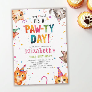 Invitation Fête de chats Chatons Colorés Fantaisistes 1er Ann