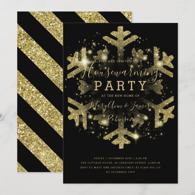 Invitation Fête de Chauffage de Maison d'Hiver Or & Noir (Devant / Derrière)