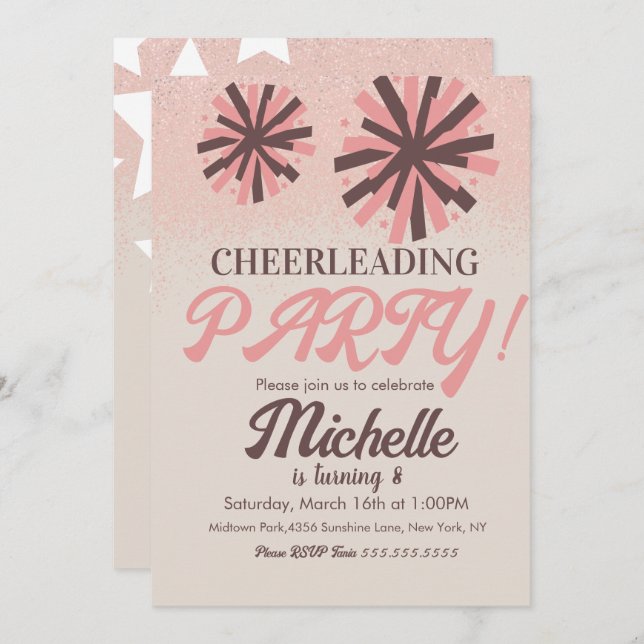Invitation Fête de Cheerleading Anniversaire Étoiles Roses  (Devant / Derrière)