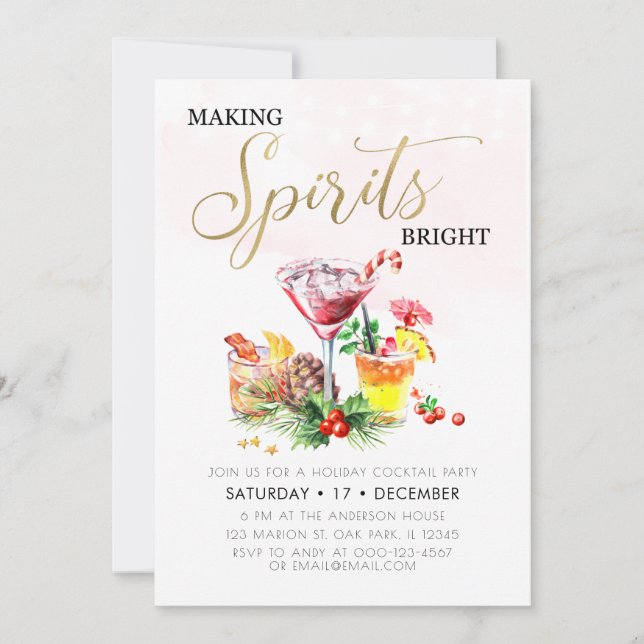 Invitation Fête de Cocktail de Noël avec des esprits brillant (Devant)