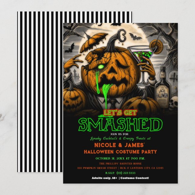 Invitation Fête de cocktail d'Halloween avec citrouille écras (Devant / Derrière)