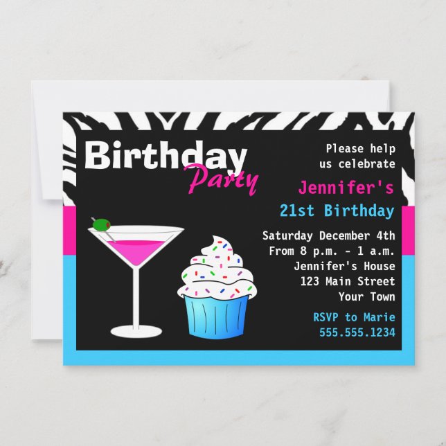 Invitation Fête de cocktails d'anniversaire sur mesure Pink & (Devant)
