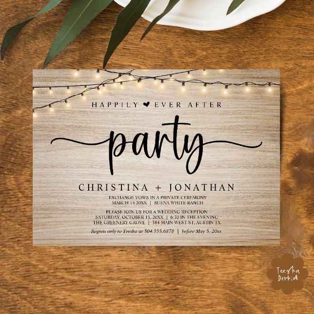 Invitation Fête de conte de fées, Mariage aux guirlandes lumi (Happily Ever After party, String Lights Wedding Invitation Card PDF Cottage Wood)