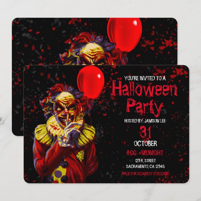 Invitation Fête de costume clown d'Halloween effrayant (Devant / Derrière)