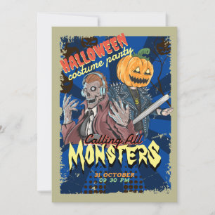 Invitation Fête de costumes vintage bleu Halloween