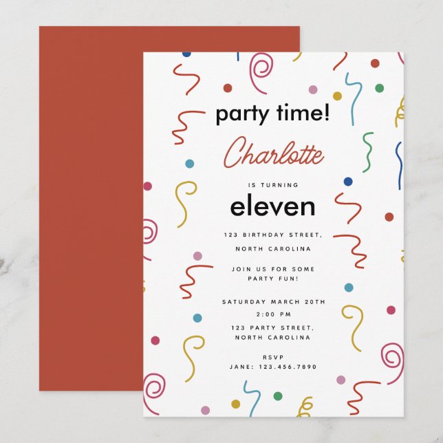 Invitation Fête de couleur Confetti Anniversaire Fête Heure (Devant / Derrière)