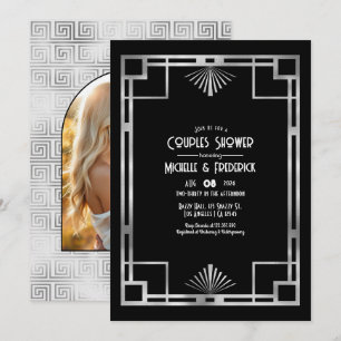 Invitation Fête de couples Art déco noir et argenté Gatsby