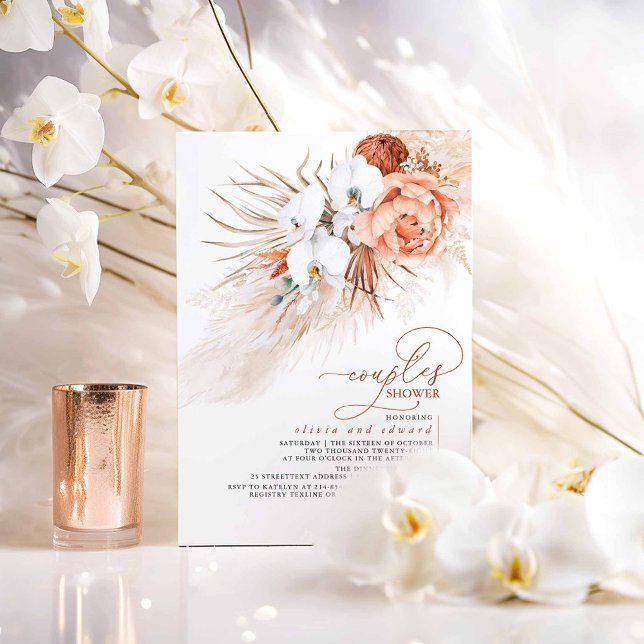 Invitation Fête de couples de fleurs de terre cuite Pampas he (Boho Exotic Couples Shower Terracotta Invites)