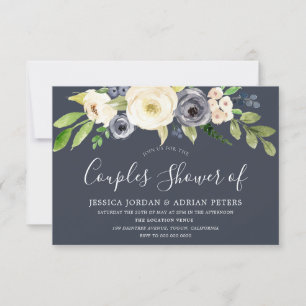 Invitation Fête de couples Navy & White Watercolor Flowers