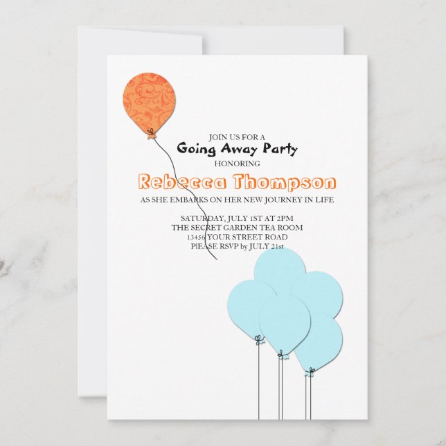 Invitation Fête de départ Ballons Bleus Orange et Turquoise (Devant)