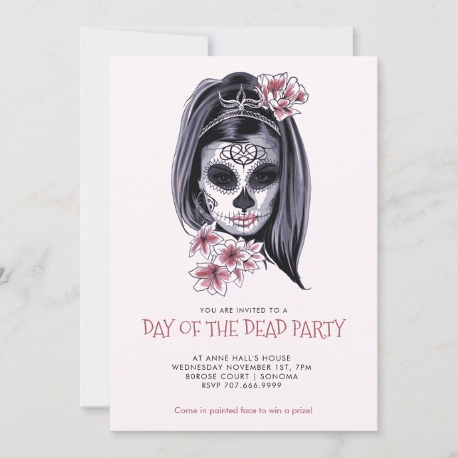 Invitation Fête de Dia De Los Muertos Rose Pâle (Devant)