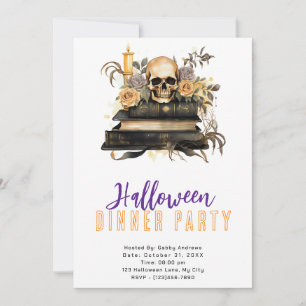 Invitation Fête de dîner Halloween Crânes Or et Roses Grises