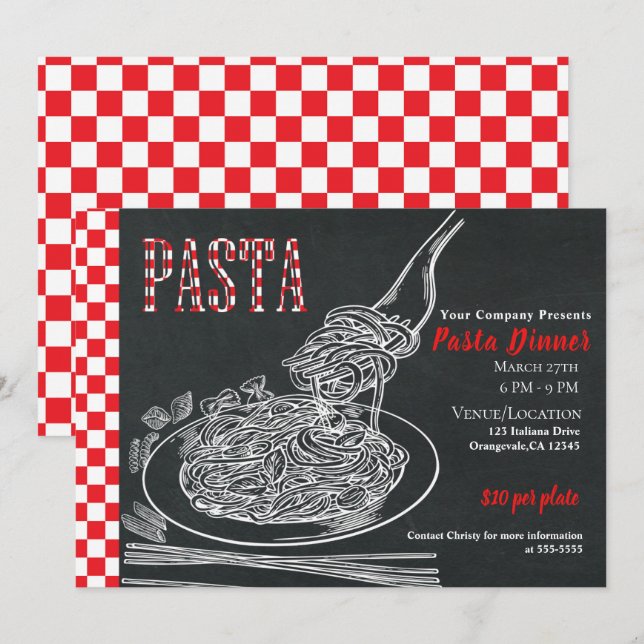 Invitation Fête de dîner rustique de pâtes Spaghetti à la cra (Devant / Derrière)