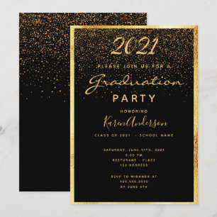 Invitation Fête de diplôme glam noir confetti or