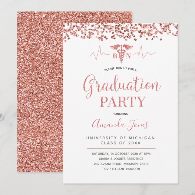 Invitation Fête de diplômes d'infirmière de l'OR ROSE FAUX (Devant / Derrière)