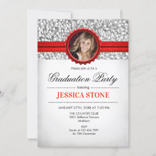 Invitation Fête de diplômes - Photo rouge blanche d'argent