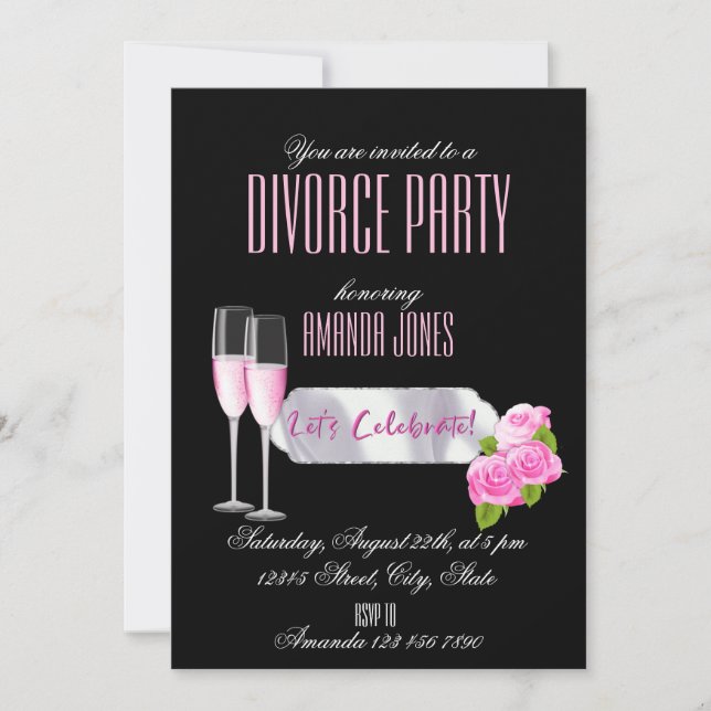 Invitation Fête de divorce de champagne rose noir (Devant)
