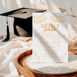 Invitation Fête de double diplôme Orange Tendance Doodle