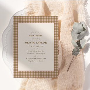 Invitation Fête de douche de bébé rose gingham terreux beige