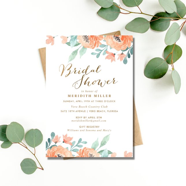 Invitation Fête de Fête des mariées florale Peach Watercolor (Watercolor Peach Floral Bridal Shower Party Invitation)
