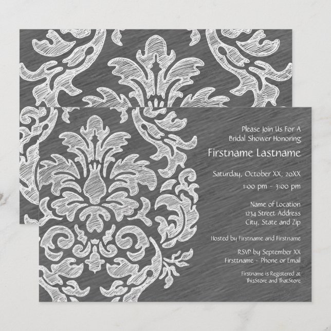 Invitation Fête de Fête des mariées moderne gris et blanc Dam (Devant / Derrière)