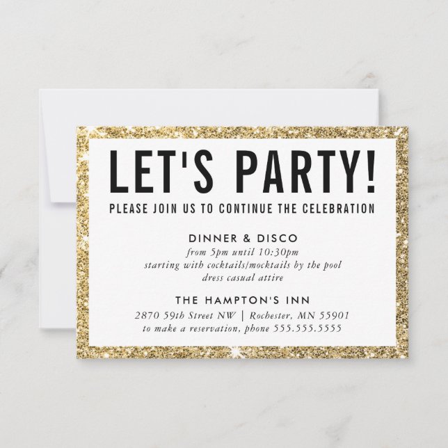 Invitation FÊTE DE FÊTE INFO simple parties scintillant en or (Devant)