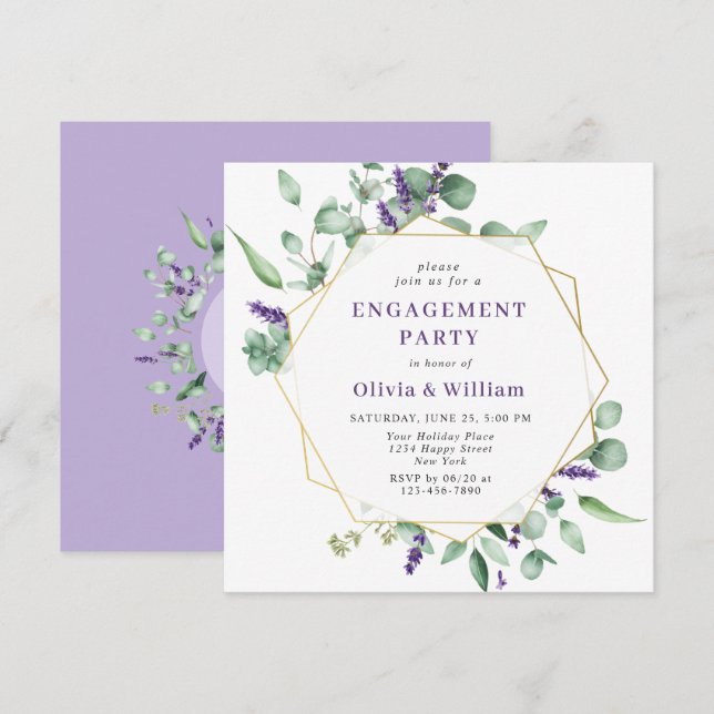 Invitation Fête de fiançailles avec cadre géométrique eucalyp (Devant / Derrière)