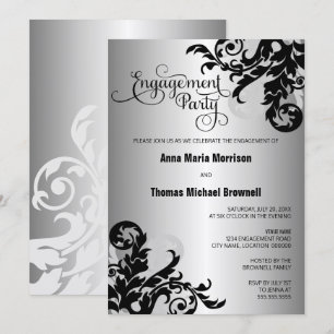Invitation Fête de fiançailles Black Silver Flourish
