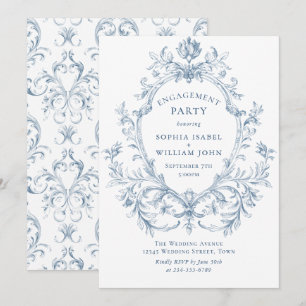 Invitation Fête de fiançailles bleu poussiéreux de grâce orné