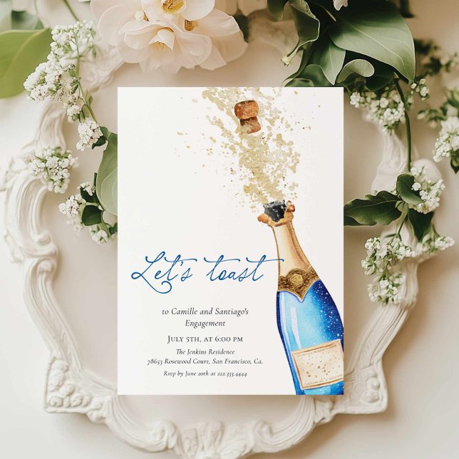 Invitation Fête de fiançailles Blue Let's Toast pour couples (Blue Let's Toast Engagement party invitation)
