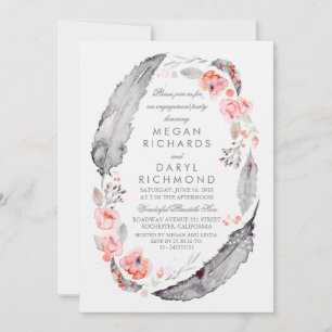 Invitation Fête de fiançailles Bohème Floral Plumes Vintage