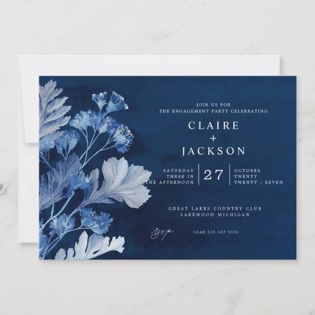 Invitation Fête de fiançailles botanique bleu indigo (Devant)